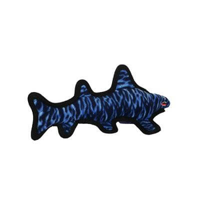 Side view of a blue plush shark-shaped dog toy with a wave pattern, black trim, and a red mouth with teeth.