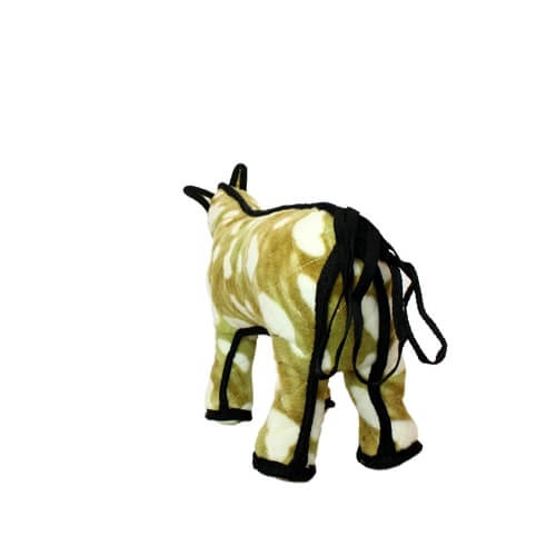 Rear view of the plush horse toy from Tuffy, showing its tail and back legs.