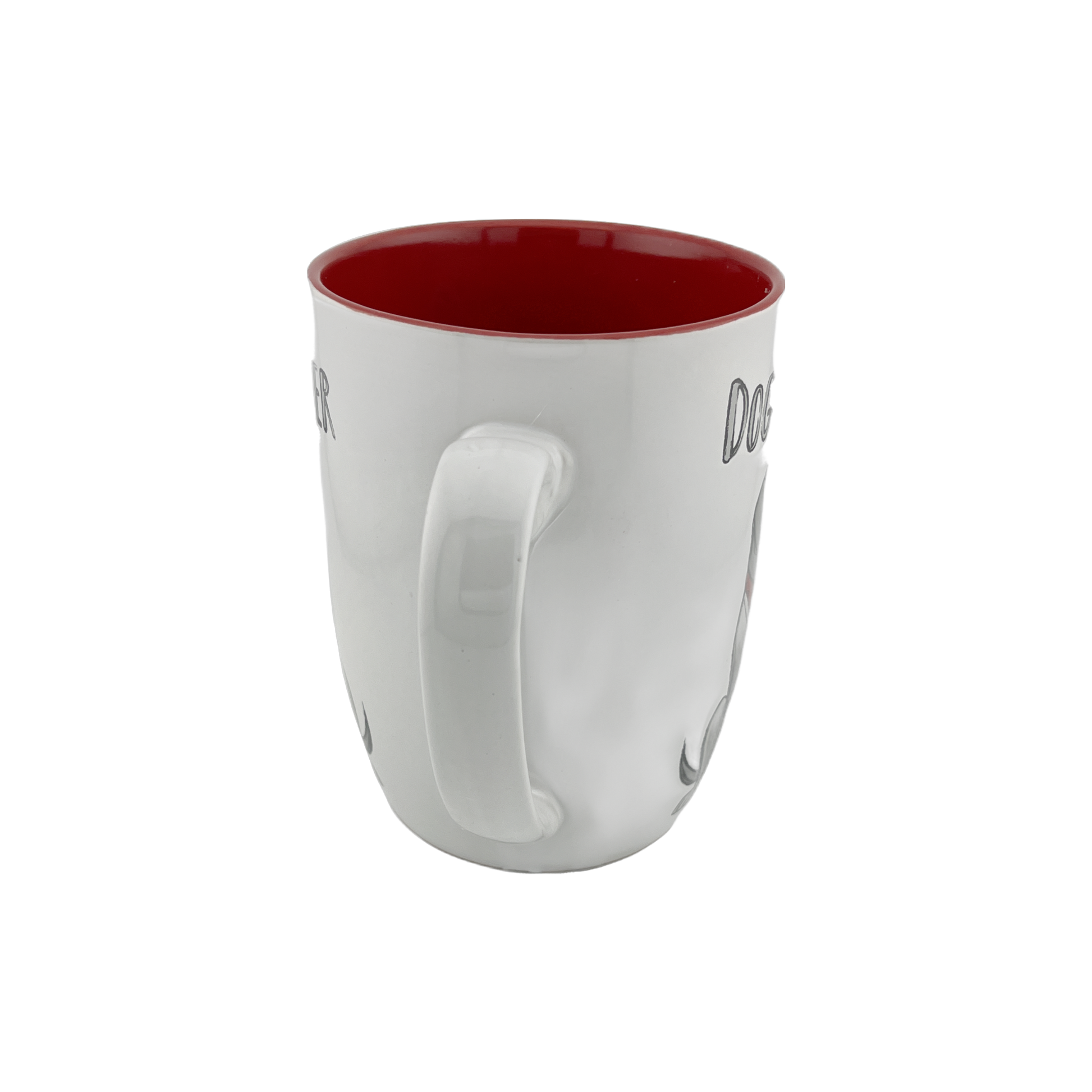 A white ceramic mug with a red interior, viewed from the back, showing the handle. The mug features a simple and clean design, with "Dog Lover" text partially visible from this angle. This 24 oz mug is ideal for dog lovers and adds a vibrant pop of color to your drinkware. Dishwasher and microwave safe.