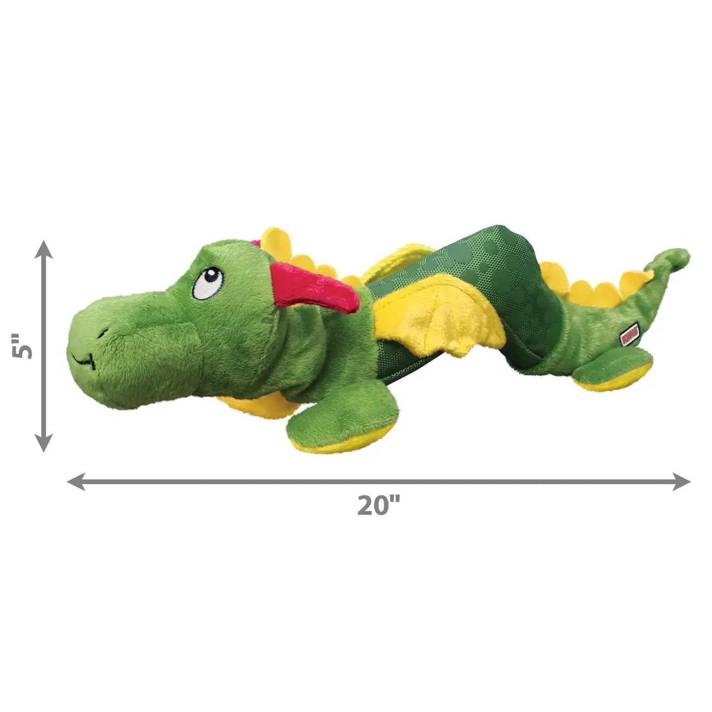 KONG Shakers dragon dog toy measuring 20 inches long and 5 inches tall, soft and squeaky