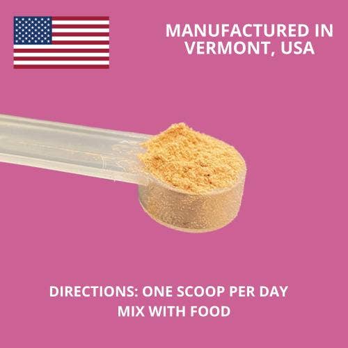 Spoonful of powder with a pink background, American flag, and text about manufacturing location and usage instructions.