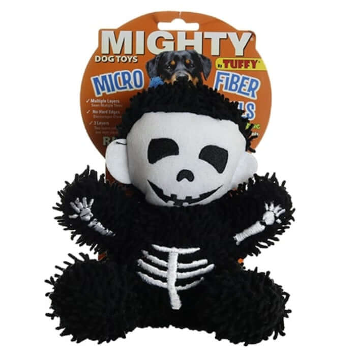 Dog toy shaped like a skeleton with packaging labeled 'Mighty Micro Tuffy Fiber Toys' on a white background.