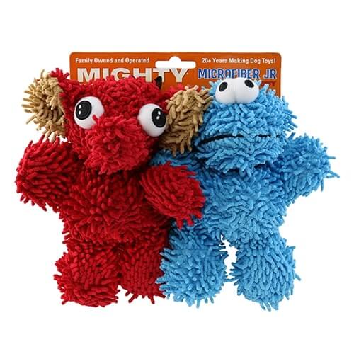 Two plush dog toys from the MIGHTY Microfiber JR collection, one red and one blue, with soft, textured microfiber material and large cartoon-like eyes.