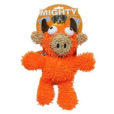 A vibrant orange plush toy resembling a cartoon bull with exaggerated features, including large, round eyes and small, brown horns. Its body has a shaggy, textured appearance, and it is in a standing pose with limbs outstretched. The product tag above it reads 'MIGHTY MICROFIBER DOG TOY,' suggesting its use and material. The toy is set against a plain white background that contrasts with its bright color.