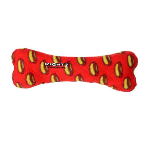 Red Mighty® Bone dog toy with hamburger pattern, durable and soft, machine washable, floats, no stuffing, features a tough core and safe squeaker pockets.