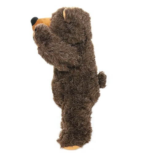 Side view of a plush bear-shaped dog toy with brown fur, an open mouth showing teeth, and raised paws