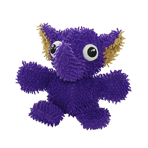 A purple plush dog toy with a microfiber texture, large cartoon-like eyes, and yellow textured ears.