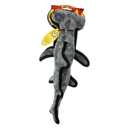 Gray hammerhead shark Tuffy dog toy packaged for sale, highlighting its durable design and soft exterior.