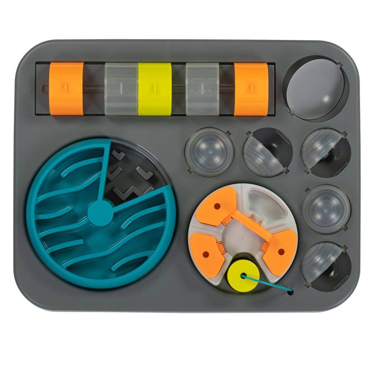 Interactive dog puzzle toy with multiple compartments and a spinning wheel, designed for mental stimulation and treat-hiding fun.