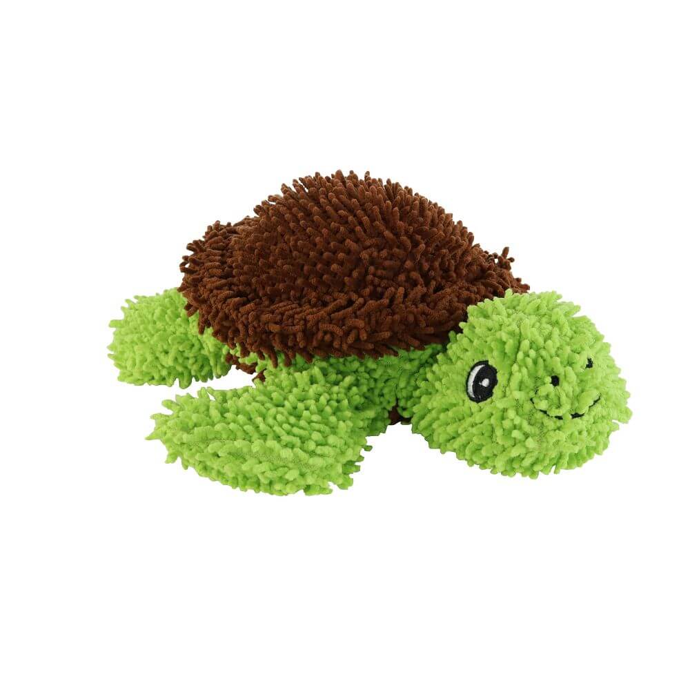 A green plush turtle dog toy with a brown textured shell, showing its soft microfiber material and stitched eyes.