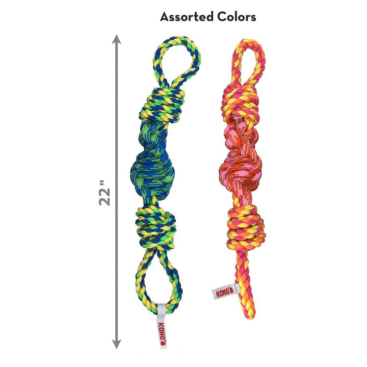 Two colorful paracord KONG dog toys shown side by side on a white background, with a 22-inch height measurement arrow and the text 'Assorted Colors' above. One toy is blue, green, and yellow, and the other is pink, orange, and yellow.