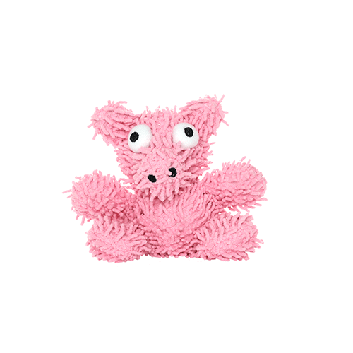 Small pink plush dog toy with a shaggy texture and large googly eyes