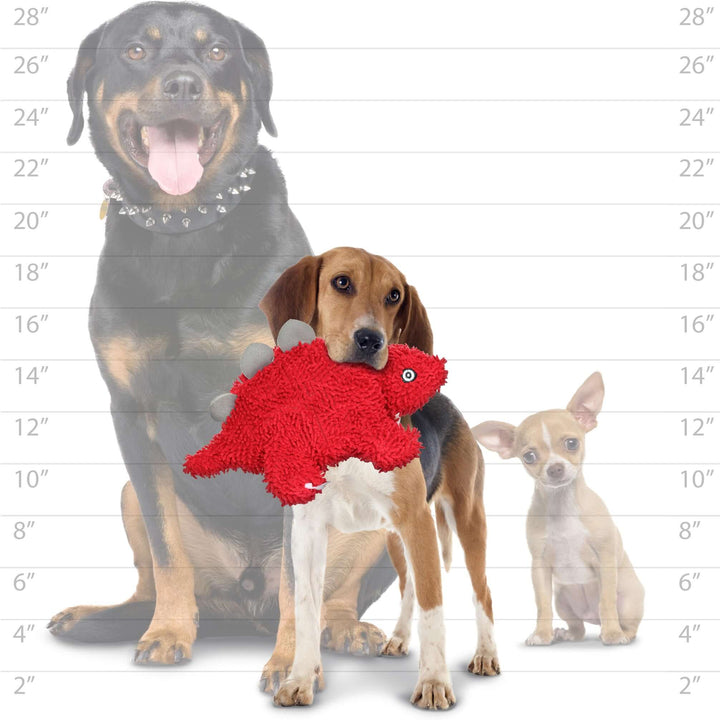 A size comparison image showing a medium-sized dog holding the red plush dinosaur toy in front of a size chart with two other dogs.