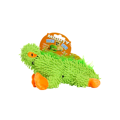 Green plush lizard dog toy with orange feet and fuzzy microfiber body, packaged with Mighty Microfiber label for durable dog play