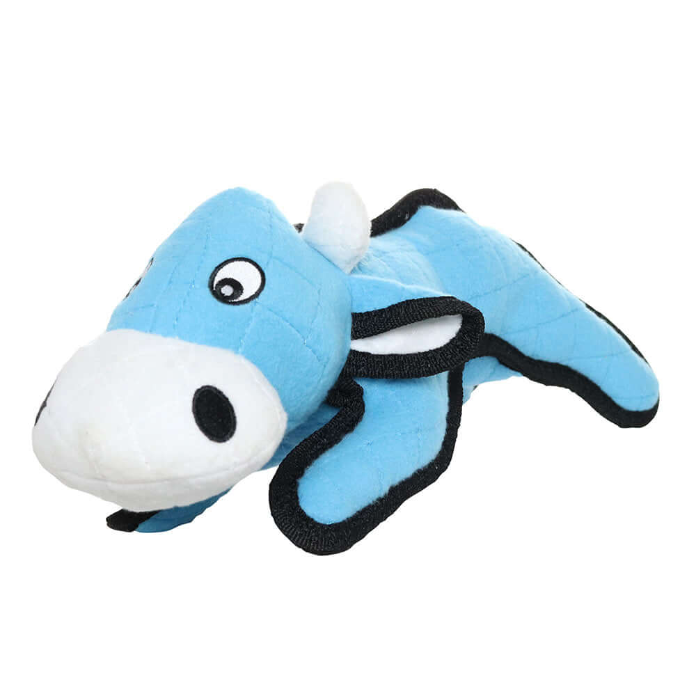 Blue plush cow-shaped dog toy with a white muzzle, black trim, and floppy legs, shown from a front perspective.