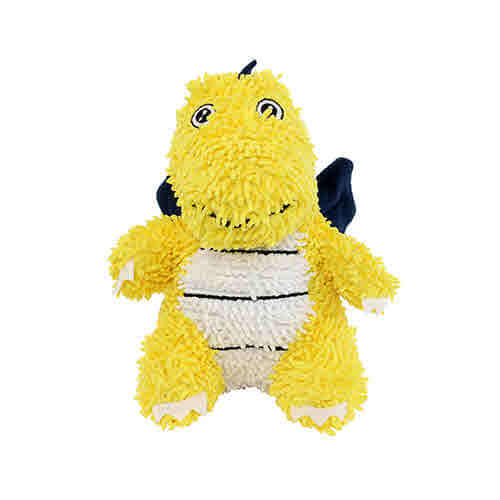 Yellow plush dragon-shaped dog toy with a textured body, white belly, black wings, and embroidered eyes, designed for interactive play.