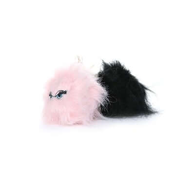 A side view of a pink and black iBall dog toy with fur and cartoonish eyes.