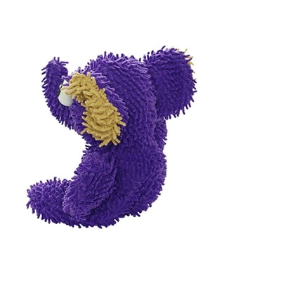 Side view of a purple plush dog toy with a microfiber texture, large yellow ears, and a round body.