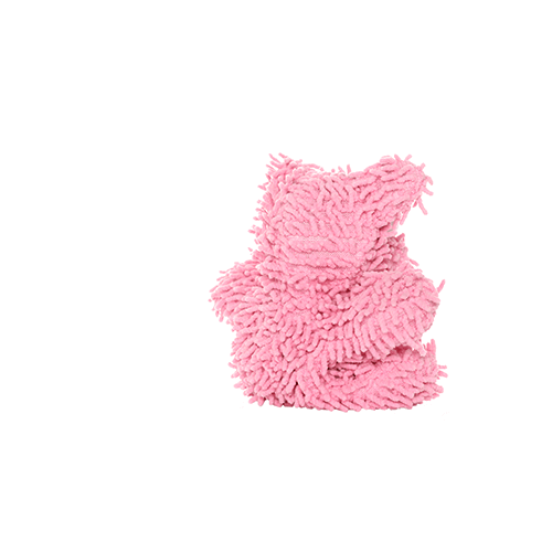 Rear view of a small pink plush dog toy with a shaggy texture