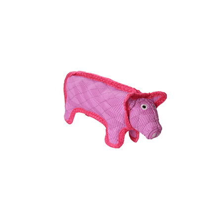 A pink pig-shaped dog toy with red edging, shown from a three-quarter view. The toy has embroidered eyes and snout details, and is made of durable woven fiber, designed for interactive play.