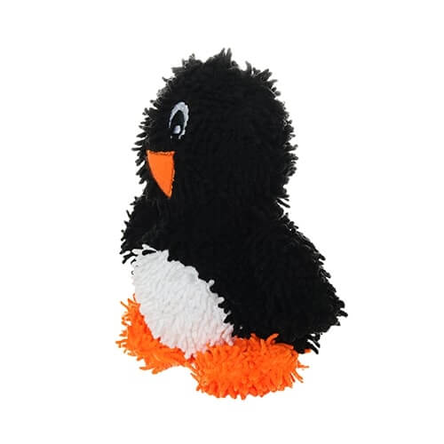 A side view of the black and white plush penguin dog toy, showcasing its fluffy microfiber texture and orange beak.