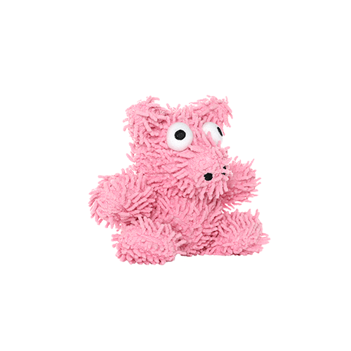 Small pink plush dog toy with a shaggy texture and large googly eyes, sitting upright