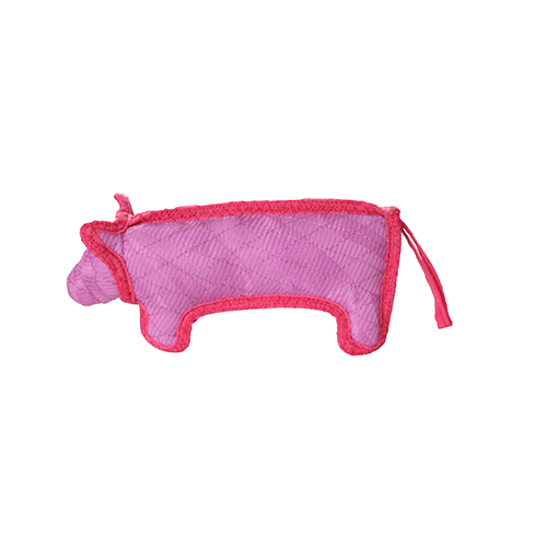 A pink pig dog toy with red edging, made of durable woven fiber. The toy is designed to be durable and interactive, suitable for various types of play.