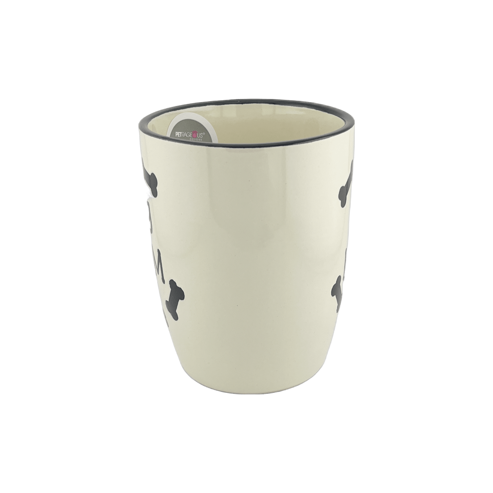 A ceramic mug with a white base and black rim, displaying small black bone shapes around the exterior. The mug has a simple and minimalist design, highlighting the bone patterns against the white background.