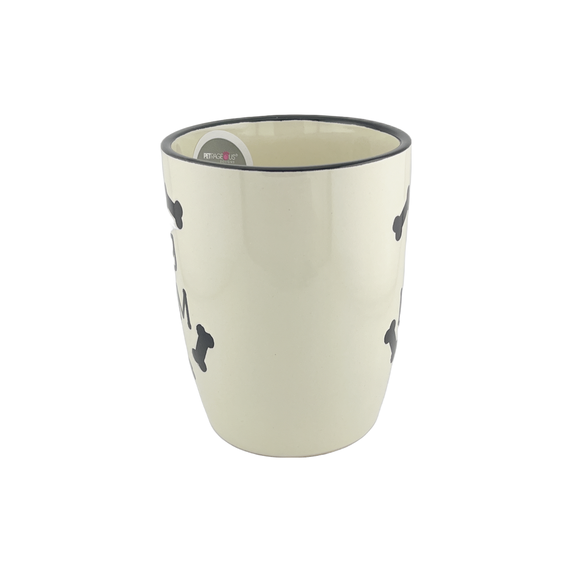 A ceramic mug with a white base and black rim, displaying small black bone shapes around the exterior. The mug has a simple and minimalist design, highlighting the bone patterns against the white background.