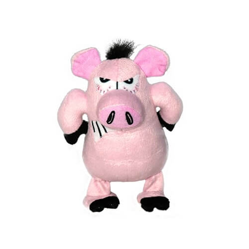 Small pink plush pig-shaped dog toy with an angry expression