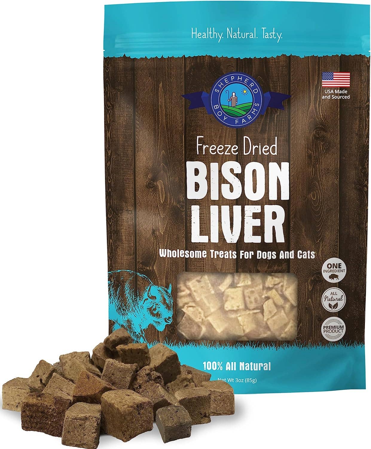 Package of freeze-dried bison liver treats for pets with wooden design and blue accents.