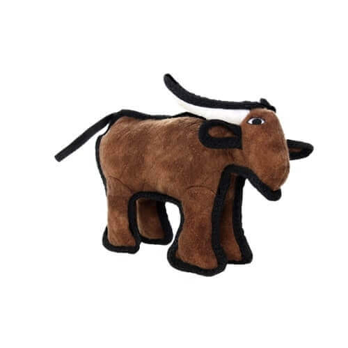 Side view of a brown plush bull-shaped dog toy with white horns and black trim