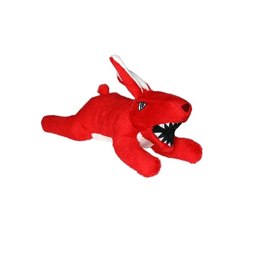 A small red rabbit-shaped plush dog toy with white ear accents and an open mouth showing playful sharp teeth.