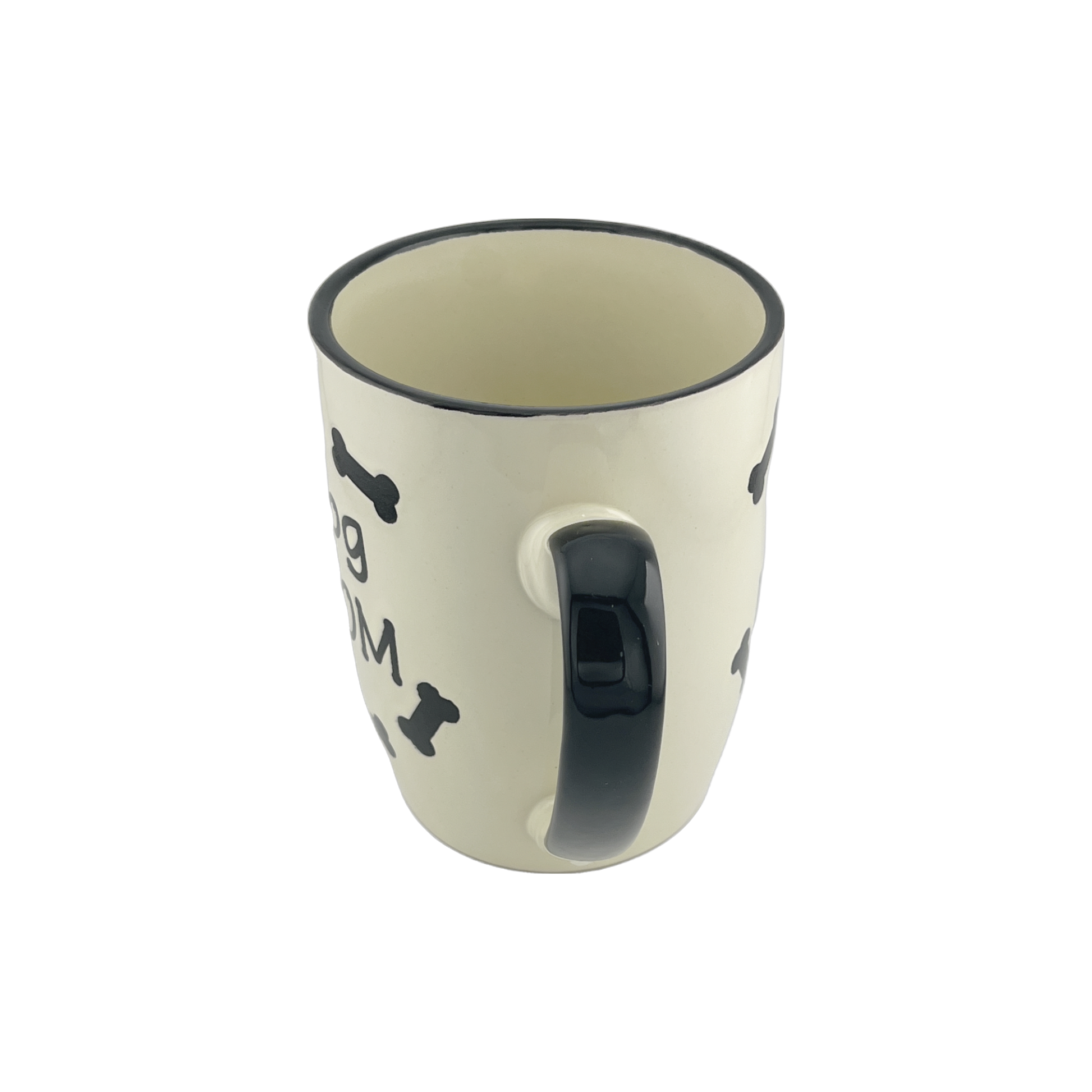 A small ceramic mug with a white base and black handle, featuring the text "dog dad" along with black bone shapes around the exterior. The design is simple and appealing to dog lovers, especially those who identify as dog moms.