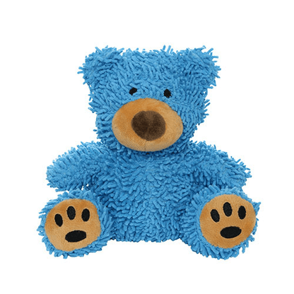 Mighty Micro Ball Bear Dog Toy: Plush bear-shaped toy with a fuzzy blue body, brown nose, black embroidered eyes, and tan paw pads with black paw prints. Soft and playful.