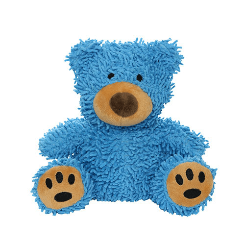 Mighty Micro Ball Bear Dog Toy: Plush bear-shaped toy with a fuzzy blue body, brown nose, black embroidered eyes, and tan paw pads with black paw prints. Soft and playful.