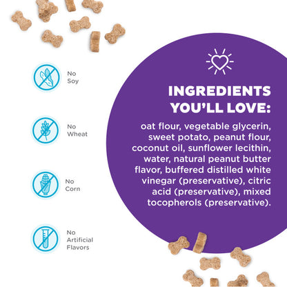 ngredients for Puzzle Bitez treats, including oat flour, peanut flour, and sweet potato, with no soy, wheat, corn, or artificial flavors.