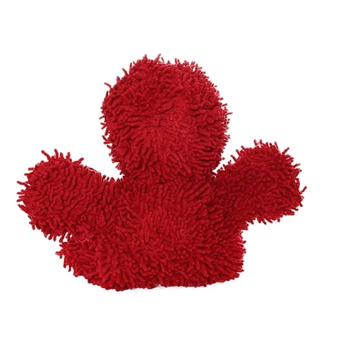 The back view of the red microfiber plush toy, showing its fluffy texture and simplistic design without facial features.