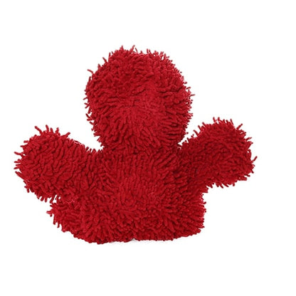 The back view of the red microfiber plush toy, showing its fluffy texture and simplistic design without facial features.