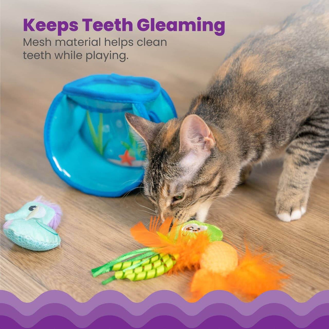 Cat playing with a toy on a wooden floor, with text about mesh material benefits.