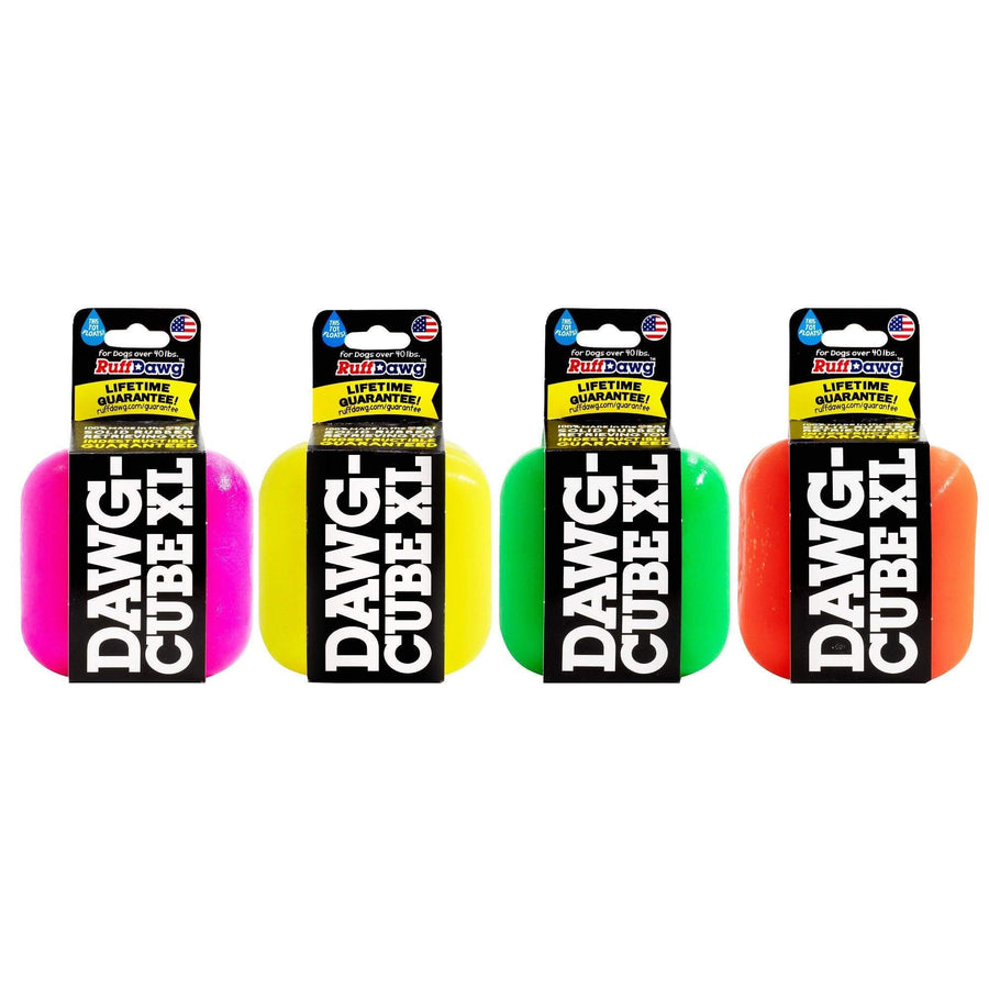 Four packages of DAWG Cube XL dog toys in different colors on a white background