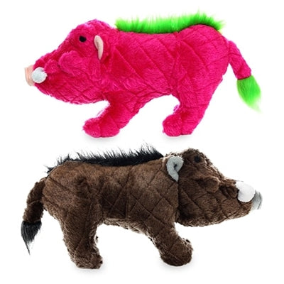 Two plush warthog toys, one in bright pink with green accents and the other in brown, designed for playful chews and cuddles.