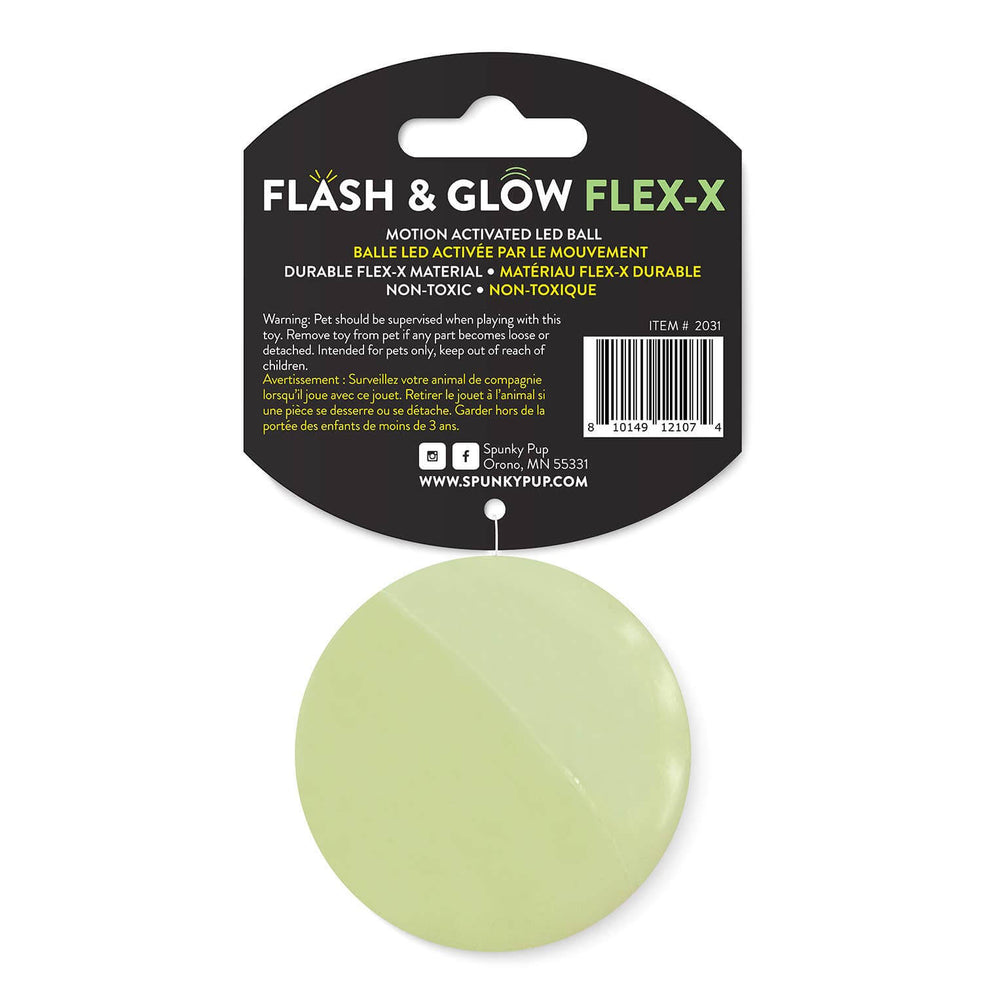 Green LED ball with 'Flash & Glow Flex-X' packaging on a white background