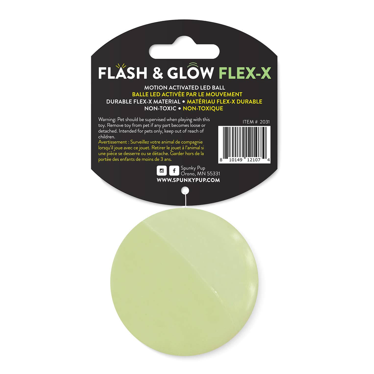 Green LED ball with 'Flash & Glow Flex-X' packaging on a white background