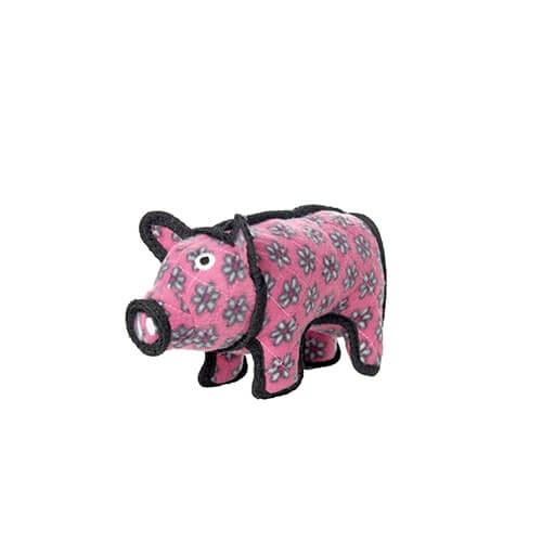 A smaller plush pig dog toy from Tuffy, featuring the same pink floral pattern and black accents.