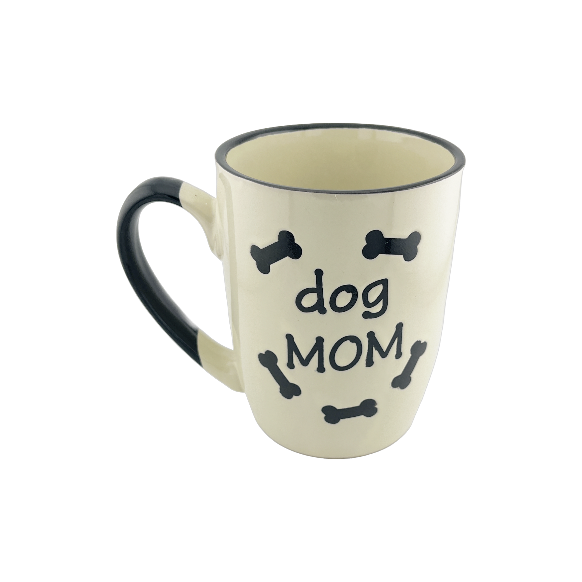 A ceramic mug with a white base and black handle, featuring the text 'dog DAD' in the center surrounded by small black bone shapes. The mug has a simple and clean design, suitable for dog lovers, especially those who consider themselves dog dads.