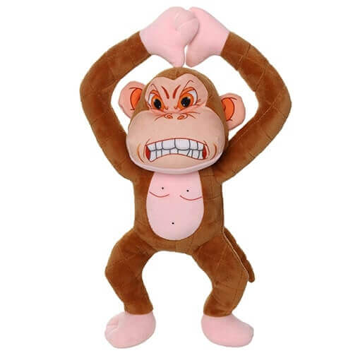 Plush monkey-shaped dog toy with an angry expression, standing upright with arms raised above its head.