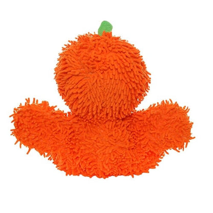 The image shows the back view of the MIGHTY® Dog Toy called "Microfiber Ball Pumpkin Man." The toy is bright orange and covered with soft, shaggy microfiber material. The back view highlights the toy's rounded shape and minimal stuffing, with a small green stem on top representing the pumpkin's stem.