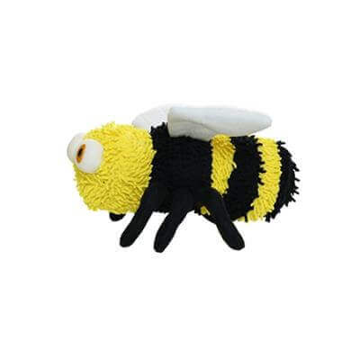 MIGHTY® Dog Toy "Microfiber Ball Bee" with fuzzy yellow and black stripes, large white eyes, black legs, and white wings. Durable and soft for play.