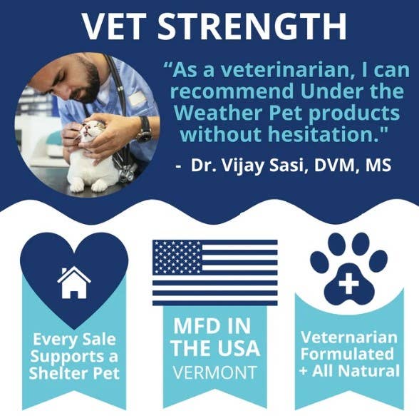 Advertisement for Vet Strength with a veterinarian and pet, featuring text and logos on a blue background.